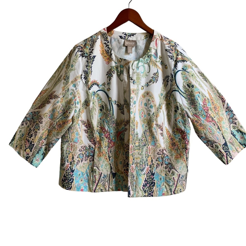 Chicos Jacket SIZE 3 XL White Multi-Color Floral Open 3/4 Sleeves Lightweight